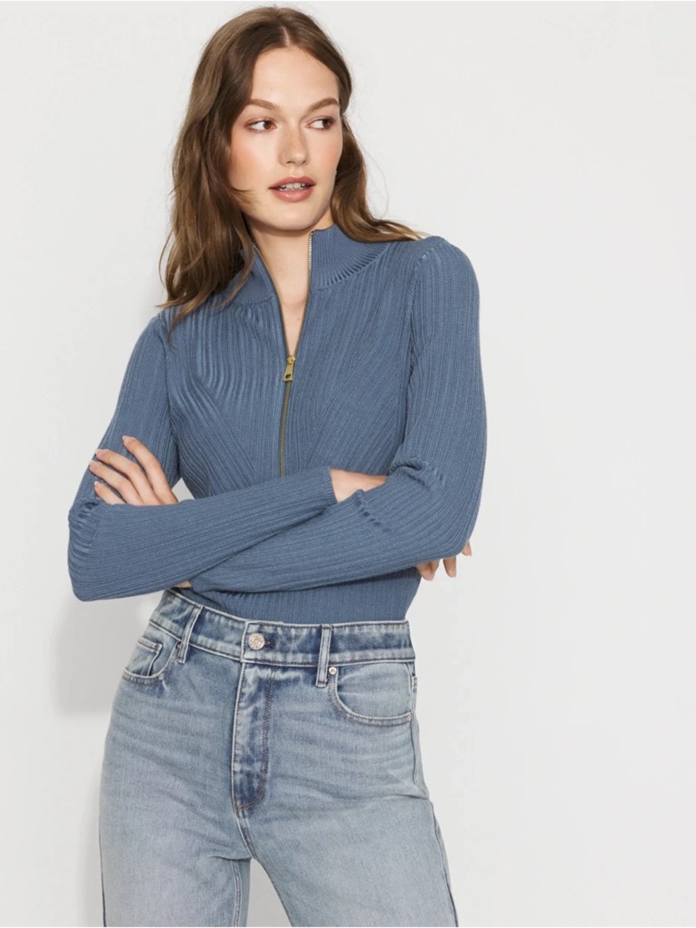 White House Black Market Blue Ribbed Half-Zip Mock Neck Sweater